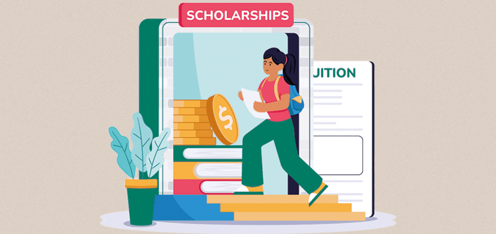 Illustration showing a student taking the symbolic steps to earn a scholarship and fund their education