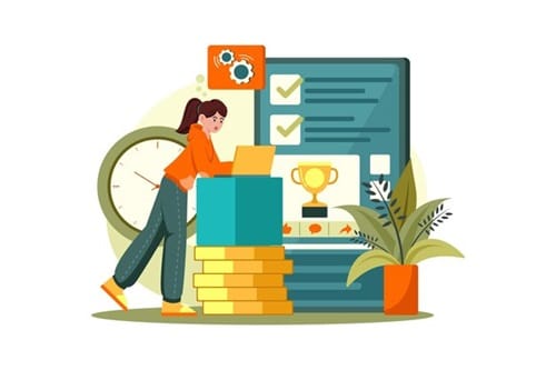 Illustration showing a student completing tasks and working towards earning awards